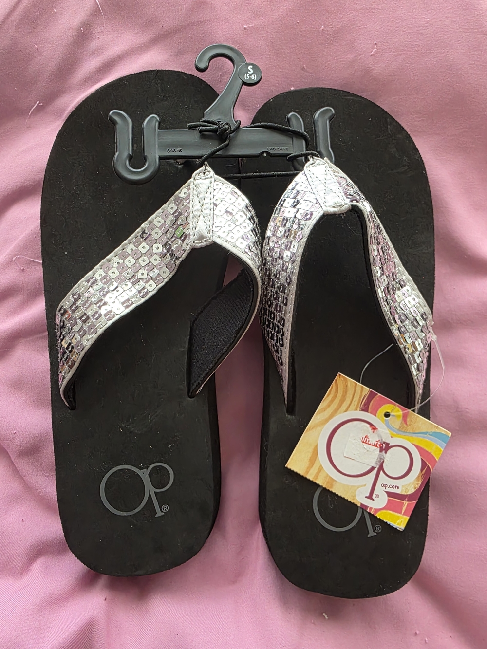 NWT- OP Size 5-6 Women's Black Footbed Flip Flops with Silver Sequin Straps